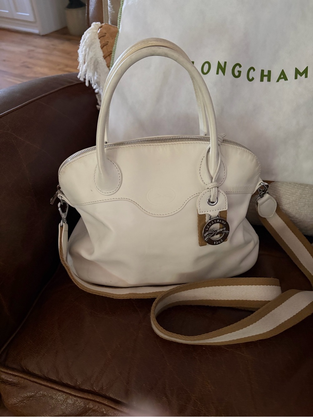 Longchamp White Leather Satchel with Striped Strap